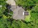 Overhead view of the home's roof, lush landscaping, and screened-in porch, surrounded by mature trees and greenery at 2010 Otters Pond Rd, Fruitland Park, FL 34731