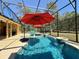 Stunning screened-in pool with multiple umbrellas and outdoor seating at 30554 Quince Ave, Eustis, FL 32736