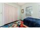 Bedroom with light-green walls and dark floors features a closet, window, and colorful rug at 333 Stanley Bell Dr, Mount Dora, FL 32757
