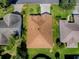 Overhead view shows roof, landscaping and the property's rectangular lot shape within its neighborhood at 633 Jameston Ave, The Villages, FL 32162