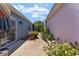 Landscaped backyard featuring lush plants and a paved walkway between the home and the fence at 850 Oviedo Rd, Lady Lake, FL 32159