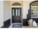 Stylish black front door with glass panels and a transom window welcomes you home at 8715 Se 176Th Lowndes Pl, The Villages, FL 32162