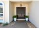 Close up of the front door with a covered porch, statement lighting, and matching potted plants at 1196 Lakeshore Dr, Mount Dora, FL 32757