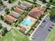 Aerial view of sparkling community pool and clubhouse with convenient parking, nestled among well-maintained homes at 12340 Ne 48Th Loop, Oxford, FL 34484