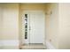 Close-up of the white front door with a sidelight window and neutral walls at 17238 Se 94Th Coults Cir, The Villages, FL 32162