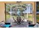 Enjoy the outdoors on this screened patio with seating and umbrella, perfect for relaxing and entertaining at 26951 White Plains Way, Leesburg, FL 34748