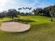 Scenic golf course view with sand trap, green, golfer, palm trees, and golf cart on a sunny day at 3785 Avon Ct, Clermont, FL 34711