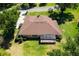 Aerial view showcasing lush backyard, screened patio, mature trees and landscaping at 5306 Greens Dr, Lady Lake, FL 32159
