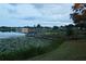 Scenic lake view featuring a wooden dock, lily pads, and waterfront homes in the background at 10640 Parkway Dr, Clermont, FL 34711