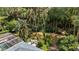 Aerial view of the backyard with lush greenery, a patio seating area, and the screened-in pool at 16730 Beauclaire Ct, Tavares, FL 32778