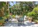 Outdoor patio surrounded by lush tropical plants and seating area at 16730 Beauclaire Ct, Tavares, FL 32778