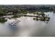 Aerial view of lake and boat docks with beautiful wooded scenery at 17728 Palm View Cir, Mount Dora, FL 32757
