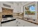 Close-up of kitchen with white cabinets, tile backsplash, countertops, and stainless steel sink at 2209 Hutchinson Ave, Leesburg, FL 34748