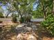 Secluded backyard patio with a round table and chairs under a canopy of trees at 25541 Troon Ave, Sorrento, FL 32776
