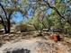 Expansive backyard, partly shaded, with trees, barbecue, and tools, with view of vinyl-sided house at 40226 Palm St, Lady Lake, FL 32159