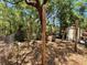 Fenced backyard featuring tree posts and storage shed, surrounded by lush greenery and shaded areas at 40226 Palm St, Lady Lake, FL 32159