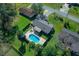 Aerial view of a private property with a pool, fenced backyard, shed, and mature landscaping at 5011 Se 33Rd Ave, Ocala, FL 34480