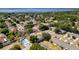 Aerial view showcasing a residential area with homes, green spaces, tree-lined streets, and a serene lake in the distance at 520 Rob Roy Dr, Clermont, FL 34711