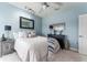 Charming bedroom with blue walls, ceiling fan and light fixture, and stylish decor at 1111 Myrtle Breezes Ct, Fruitland Park, FL 34731