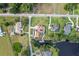 Aerial view showcasing property, lush landscaping, RV parking and proximity to waterway at 16200 E Shirley Shores Rd, Tavares, FL 32778