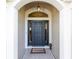 Elegant front entrance with a dark wood door, transom window, and covered porch at 857 Enisgrove Way, The Villages, FL 32163