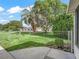Fenced backyard with a large palm tree, lush grass, and a concrete patio area at 9757 Se 175Th Pl, Summerfield, FL 34491