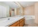 Bathroom featuring double sinks, a bathtub, and a vanity with wood cabinets at 1307 Rain Forest Ln, Minneola, FL 34715