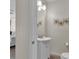 Charming powder room features a pedestal sink, decorative mirror, and floral wall decor with adjacent living area view at 3055 Wolf Branch Rd, Mount Dora, FL 32757