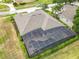 Aerial view reveals an enclosed pool with spa and manicured yard at 1473 Lakemist Ln, Clermont, FL 34711