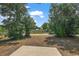 View of the backyard and fence line, surrounded by trees, under a blue sky at 15117 Se 94Th Ter, Summerfield, FL 34491