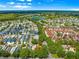 High-angle aerial shot showcasing a neatly planned community with serene water features and beautiful landscaping at 2102 Estevez Dr, Lady Lake, FL 32159