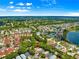 Expansive aerial view of a residential area with manicured lawns and mature trees near a shimmering lake at 2102 Estevez Dr, Lady Lake, FL 32159