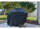 Covered grill sits outside the home with mature trees and landscaping at 334 Shiloh Ct, The Villages, FL 32162