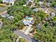 An aerial view of a property with a pool, surrounded by lush greenery, as seen from above at 506 Perkins St, Leesburg, FL 34748