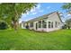 Well-maintained home showcasing a spacious backyard with green grass and easy access from the enclosed porch at 507 Ventura Ct, The Villages, FL 32159