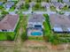 An aerial view of a home with a backyard pool and manicured landscaping at 718 Lake Douglas Dr, Groveland, FL 34736