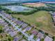 A serene aerial view of a beautiful home, nestled in a peaceful neighborhood with a pool at 718 Lake Douglas Dr, Groveland, FL 34736