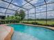Refreshing screened-in pool with tanning ledge and serene views of the manicured lawn and mature trees at 718 Lake Douglas Dr, Groveland, FL 34736