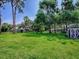 View of the grassy backyard, mature trees and shed at 111 Cardinal Ln, Eustis, FL 32726