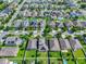 An aerial view of a suburban neighborhood featuring well-maintained homes with manicured lawns and solar panels at 15322 Veramonte Way, Orlando, FL 32828