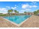 Community pool with clear blue water, surrounded by palm trees, lounge chairs, and a covered area at 169 Jensen Dr, Groveland, FL 34736