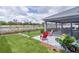 Spacious backyard featuring a screened patio with outdoor furniture and a view of a lake at 2129 Landrea Loop, The Villages, FL 32163