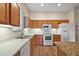 Functional kitchen featuring white appliances, light wood cabinets, a window and granite countertops at 24346 Amberleaf Ct, Leesburg, FL 34748