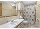 Bathroom with floral shower curtain, vanity, and large mirror at 3026 Myakka River Rd, Tavares, FL 32778