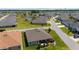 Aerial view of a single-Gathering home featuring a screened-in porch and manicured lawn in a residential community at 560 Caputo Ct, The Villages, FL 32163