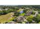 Aerial view of the neighborhood featuring a pond, a sprawling green field, and large trees at 579 Juniper Way, Tavares, FL 32778