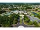 Overhead shot of community clubhouse, pools, tennis courts, and parking, set amongst lush trees and landscaping at 5818 Greenbriar Loop, Leesburg, FL 34788