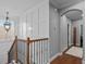 View of the hallway showing wainscoting, iron stair railing, and hardwood floors at 722 Barefoot Bay Loop, Groveland, FL 34736
