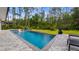 Backyard pool with well-maintained landscaping, mature trees, and an orange slide at 9134 Mossy Oak Ln, Clermont, FL 34711