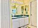 Bright bathroom with dual sinks, a vanity, and mirrored wall-mounted cabinets at 974 Forest Hill Dr, Minneola, FL 34715